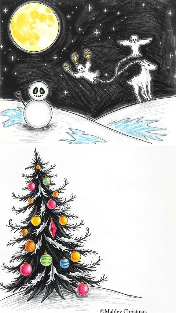 Spooky Christmas drawings of haunted snowmen, ghostly reindeer, and a sinister Christmas tree in a snowy landscape.